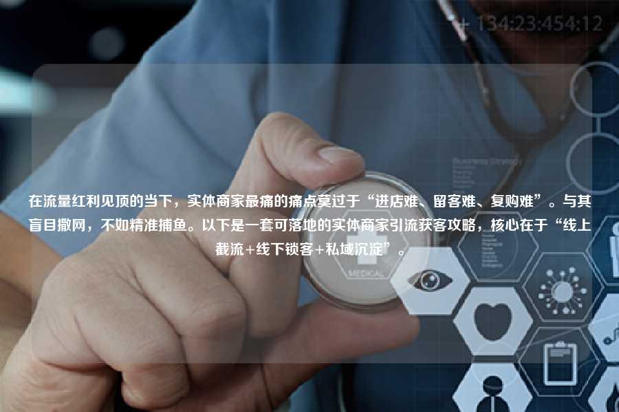 在流量红利见顶的当下，实体商家最痛的痛点莫过于“进店难、留客难、复购难”。与其盲目撒网，不如精准捕鱼。以下是一套可落地的实体商家引流获客攻略，核心在于“线上截流+线下锁客+私域沉淀”。