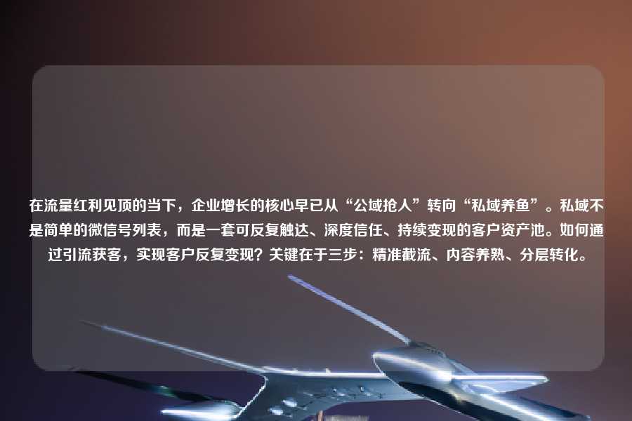 在流量红利见顶的当下，企业增长的核心早已从“公域抢人”转向“私域养鱼”。私域不是简单的微信号列表，而是一套可反复触达、深度信任、持续变现的客户资产池。如何通过引流获客，实现客户反复变现？关键在于三步：精准截流、内容养熟、分层转化。