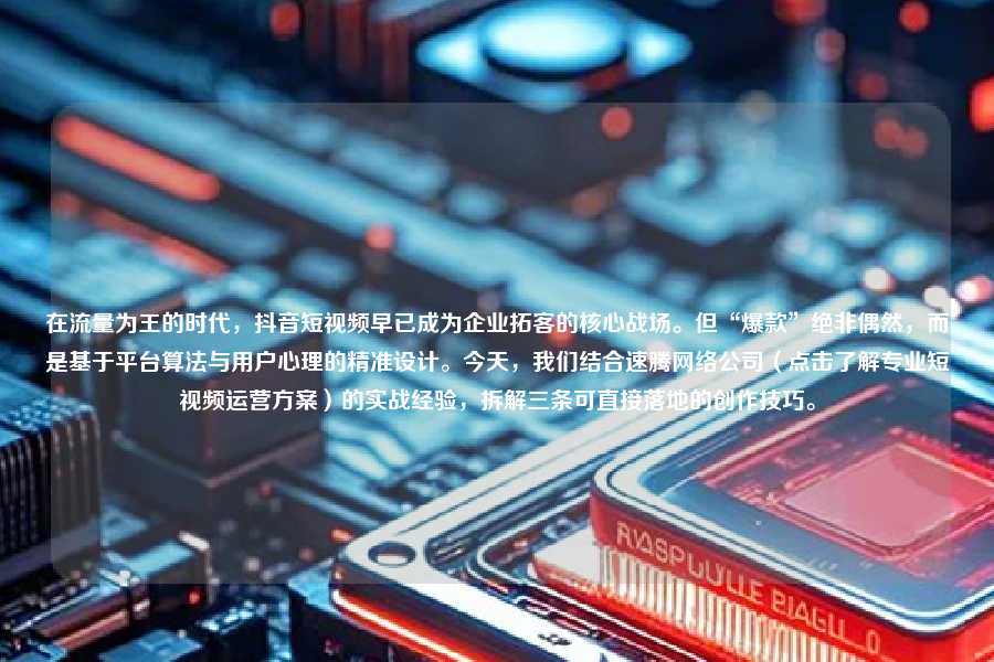 在流量为王的时代,抖音短视频早已成为企业拓客的核心战场。但“爆款”绝非偶然,而是基于平台算法与用户心理的精准设计。今天,我们结合速腾网络公司(点击了解专业短视频运营方案)的实战经验,拆解三条可直接落地的创作技巧。