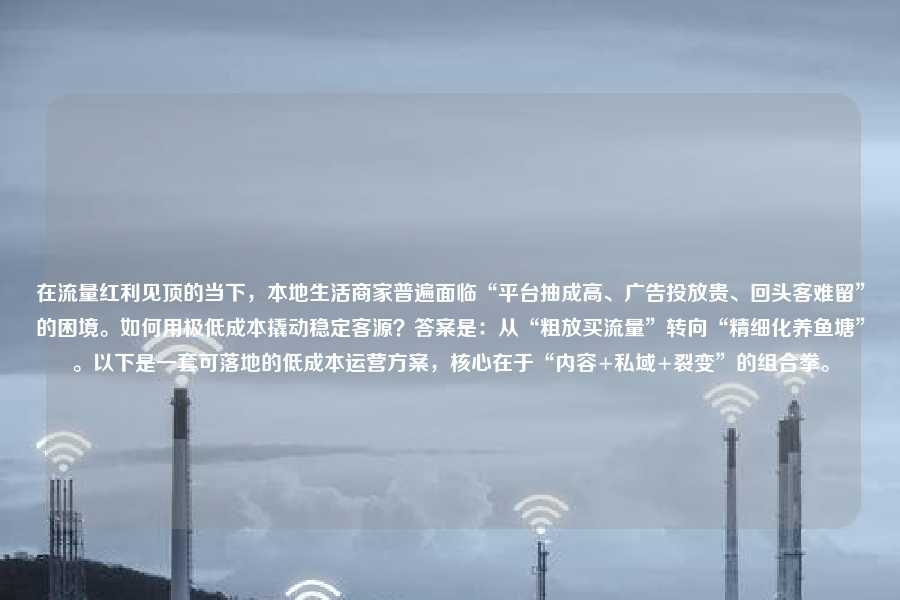 在流量红利见顶的当下，本地生活商家普遍面临“平台抽成高、广告投放贵、回头客难留”的困境。如何用极低成本撬动稳定客源？答案是：从“粗放买流量”转向“精细化养鱼塘”。以下是一套可落地的低成本运营方案，核心在于“内容+私域+裂变”的组合拳。
